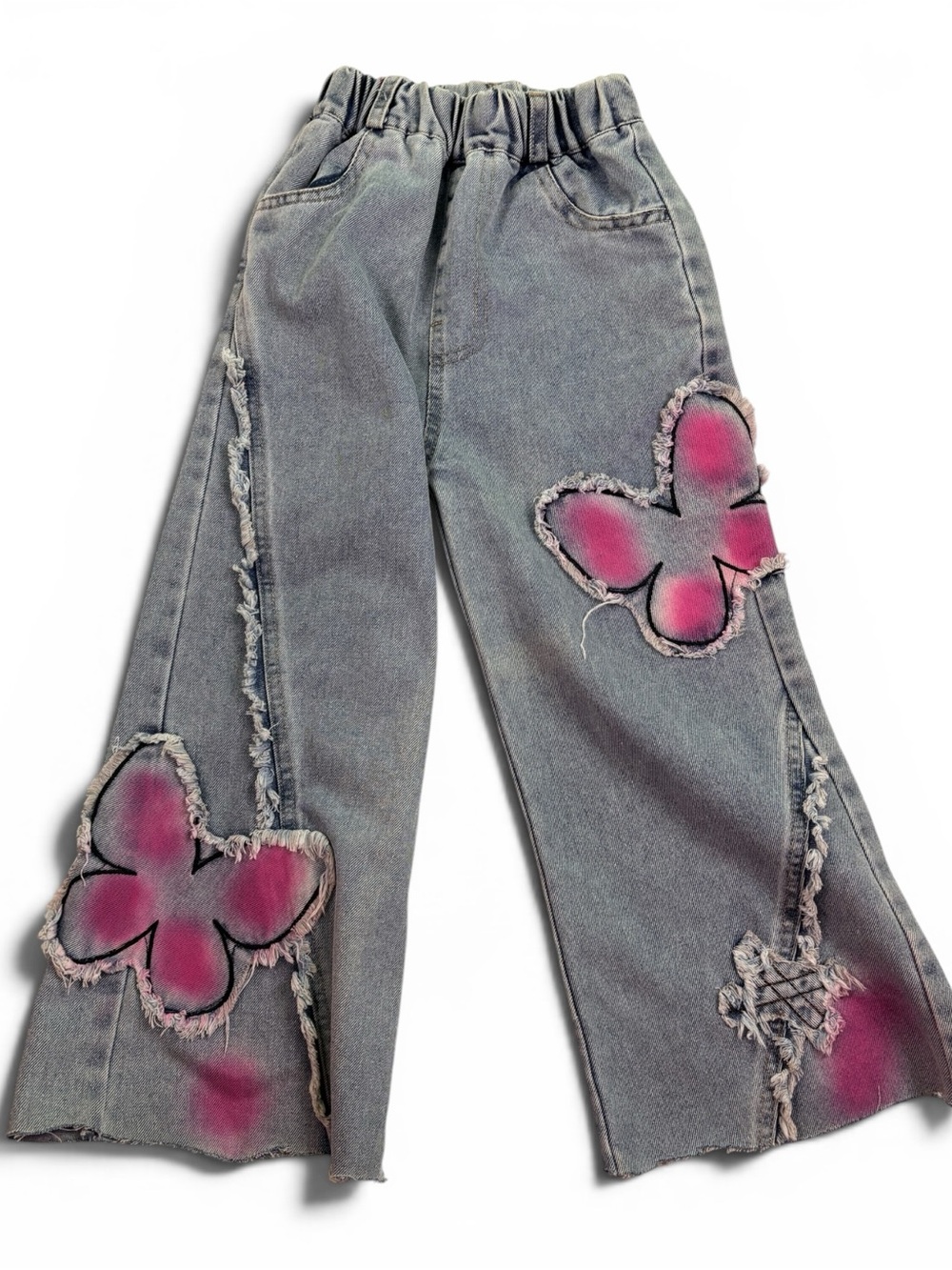 Girls  Denim Jeans with Pink Butterfly Appliqués frayed hems